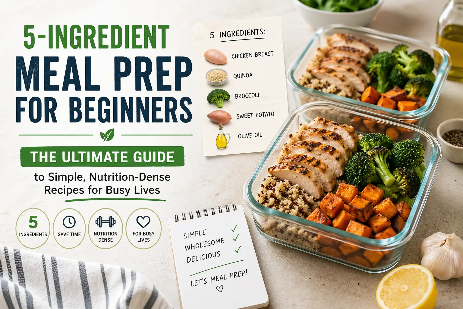 Healthy 5-ingredient meal prep containers with grilled chicken, quinoa, broccoli, and sweet potatoes arranged on a clean kitchen countertop with a simple recipe list and “5-Ingredient Meal Prep for Beginners” title, showcasing easy nutrition-dense meals for busy lifestyles.