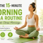 A clean, modern blog banner featuring a woman practicing a peaceful morning yoga meditation in a sunlit room, designed in fresh green and gray tones matching the Activrr brand. Bold text highlights a 15-minute morning yoga routine for high-stress mornings, promoting calm, focus, and energy, with minimal icons and a serene wellness aesthetic.