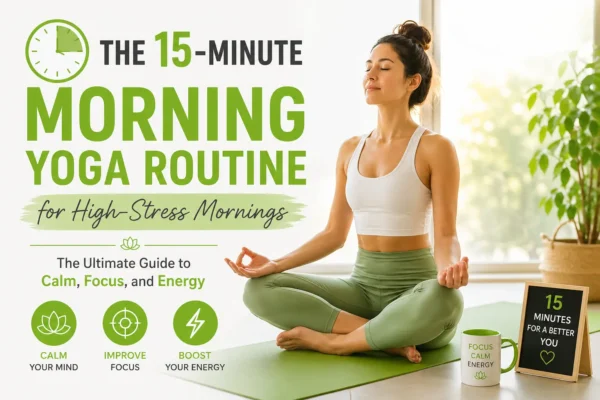A clean, modern blog banner featuring a woman practicing a peaceful morning yoga meditation in a sunlit room, designed in fresh green and gray tones matching the Activrr brand. Bold text highlights a 15-minute morning yoga routine for high-stress mornings, promoting calm, focus, and energy, with minimal icons and a serene wellness aesthetic.