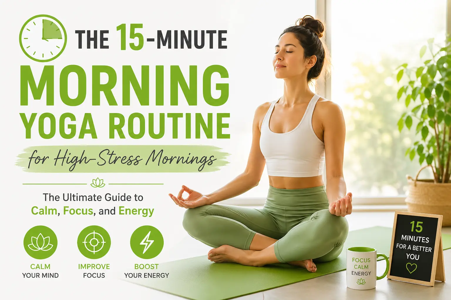 A clean, modern blog banner featuring a woman practicing a peaceful morning yoga meditation in a sunlit room, designed in fresh green and gray tones matching the Activrr brand. Bold text highlights a 15-minute morning yoga routine for high-stress mornings, promoting calm, focus, and energy, with minimal icons and a serene wellness aesthetic.