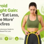 Thyroid weight gain infographic in green tones showing a woman measuring her waist, with visuals of thyroid gland, low metabolism, and hormone imbalance, illustrating why “eat less, move more” can backfire for hormone-based fat loss.