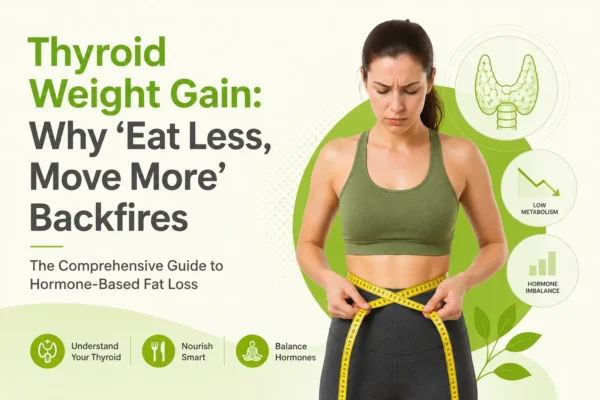 Thyroid weight gain infographic in green tones showing a woman measuring her waist, with visuals of thyroid gland, low metabolism, and hormone imbalance, illustrating why “eat less, move more” can backfire for hormone-based fat loss.