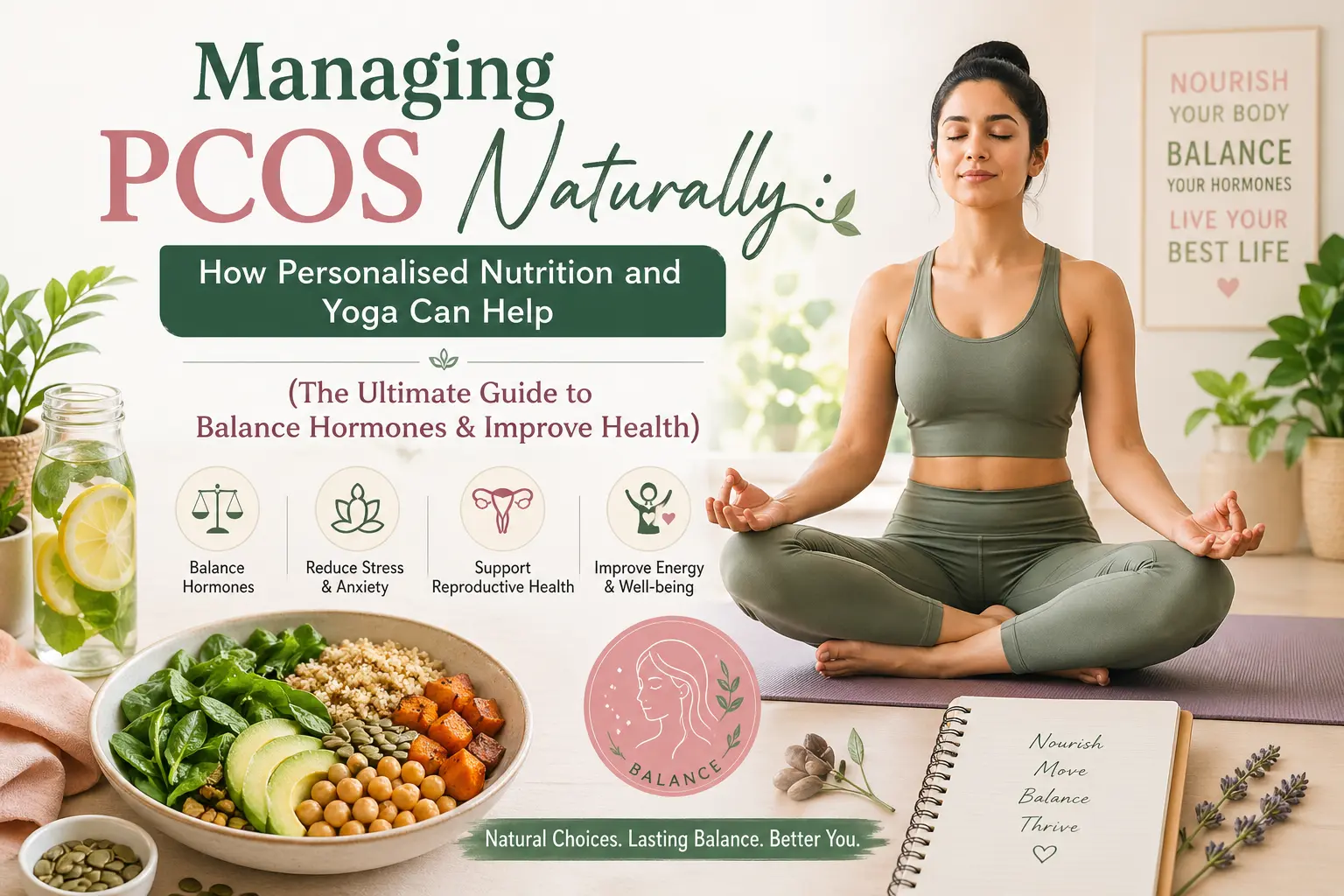 A calm wellness blog cover showing a woman meditating in a yoga pose alongside a bowl of healthy foods, highlighting natural ways to manage PCOS through personalized nutrition and yoga for hormone balance and improved health.