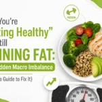 Healthy eating weight gain concept image showing a balanced plate with protein, carbs, and fats alongside a weighing scale, illustrating hidden macro imbalance and fat gain despite eating healthy.