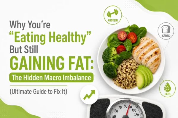 Healthy eating weight gain concept image showing a balanced plate with protein, carbs, and fats alongside a weighing scale, illustrating hidden macro imbalance and fat gain despite eating healthy.