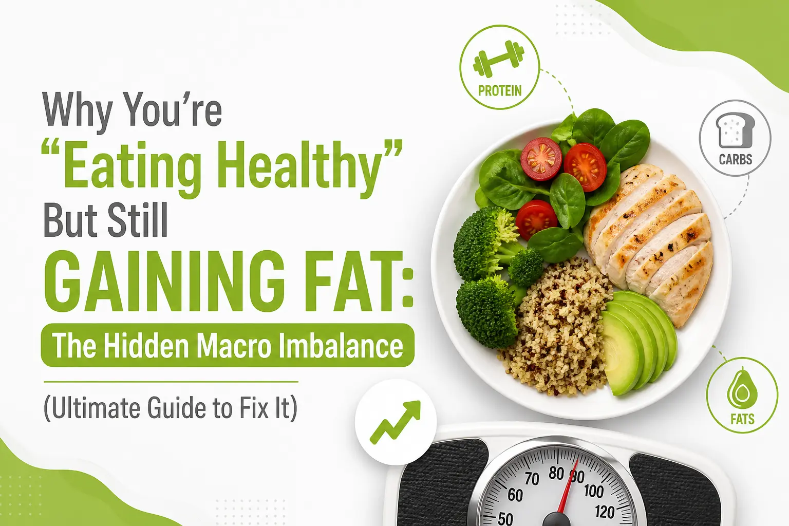 Healthy eating weight gain concept image showing a balanced plate with protein, carbs, and fats alongside a weighing scale, illustrating hidden macro imbalance and fat gain despite eating healthy.